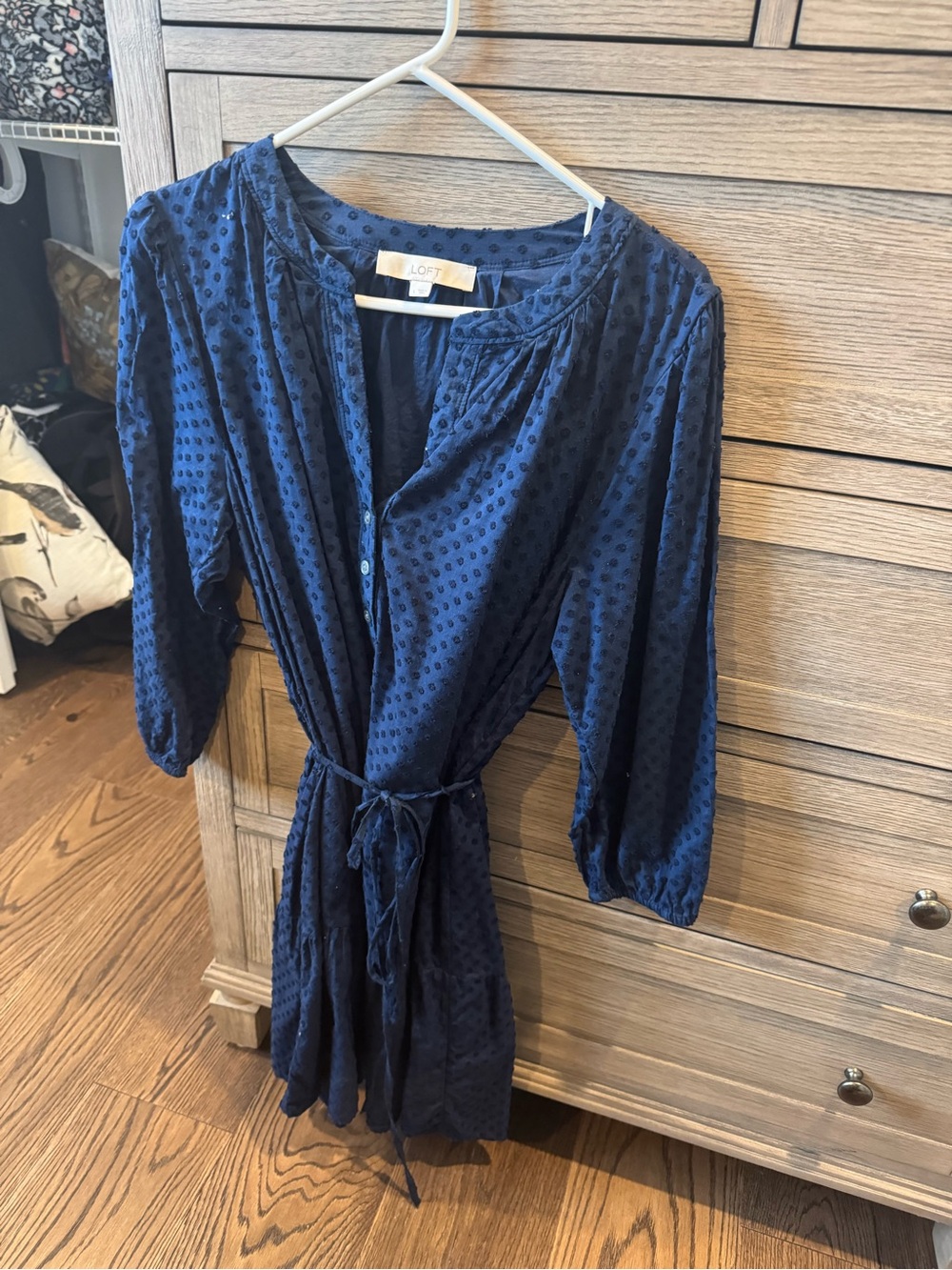 LOFT Navy Textured Dot Tie-Waist Long Sleeve Dress